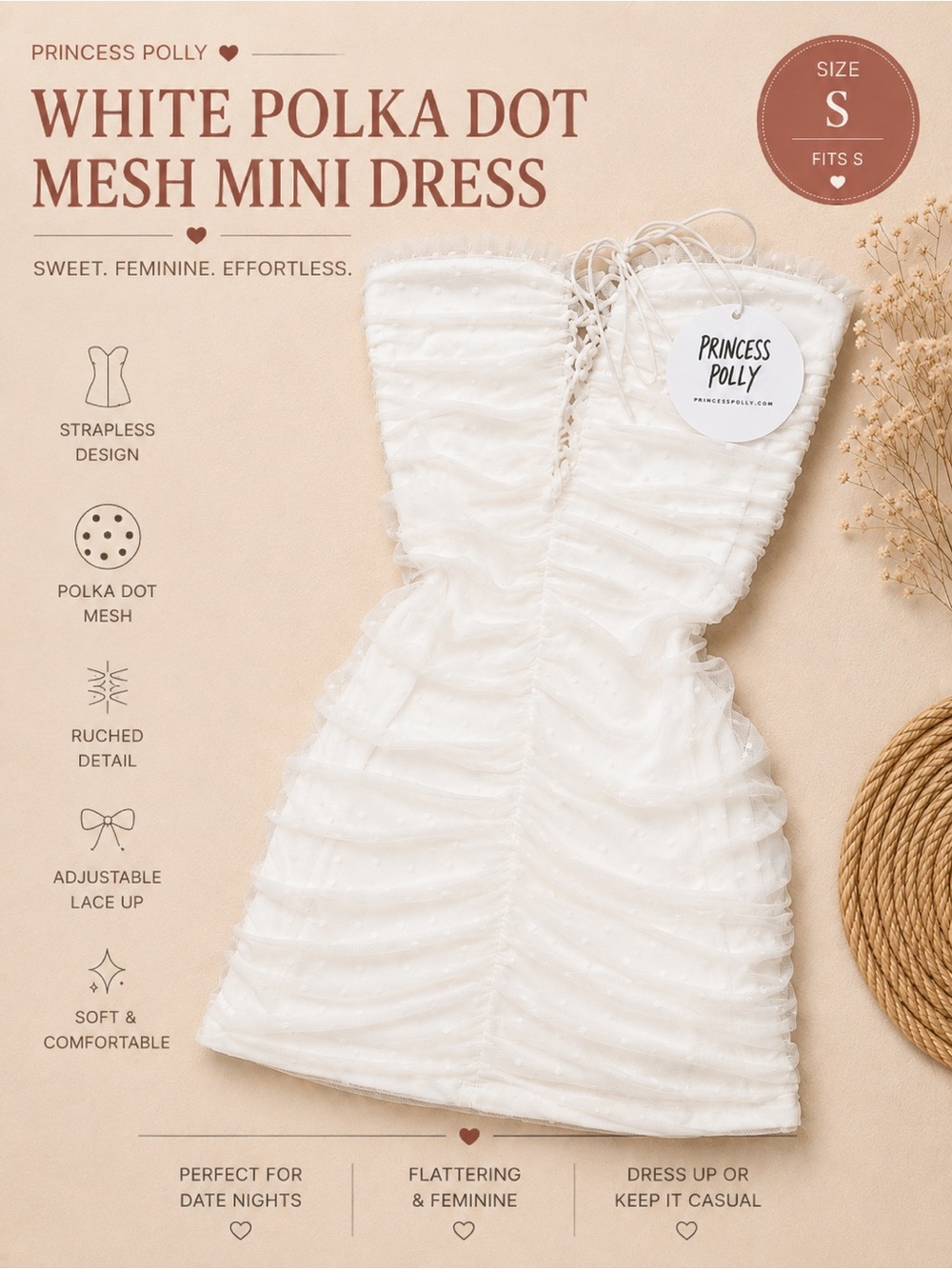 NWT Princess Polly White Ruched Strapless Mini Dress | Polka Dot Mesh | Size S